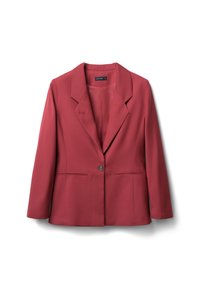 Blazer rosso su misura con revers, chiusura a un bottone, due tasche frontali e texture liscia. Presenta spalle strutturate.