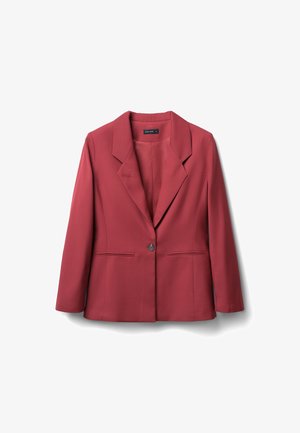 Roter taillierter Blazer mit Reverskragen, einreihigem Knopfverschluss, zwei Fronttaschen und glatter Textur. Mit strukturierten Schultern.