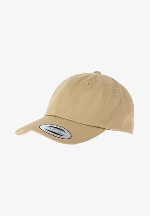 Casquette de baseball kaki en tissu coton, avec une visière incurvée, des œillets de ventilation et un patch logo classique à l'avant.