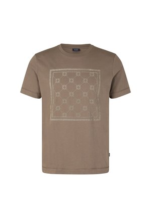 Bruine katoenen t-shirt met een vierkant grafisch ontwerp met een lichte patroon. Korte mouwen en een ronde hals.