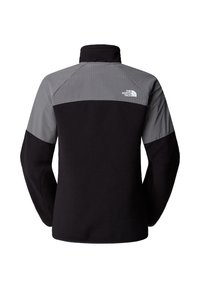 Černá fleecová bunda s šedou, strukturovanou horní částí a vysokým límcem. Obsahuje logo na horní levé straně a raglánové rukávy.