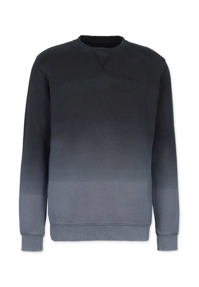 Cotton-blend sweatshirt featuring a gradient from dark gray to light gray, ribbed cuffs, and a crew neckline. Simple design with no patterns.