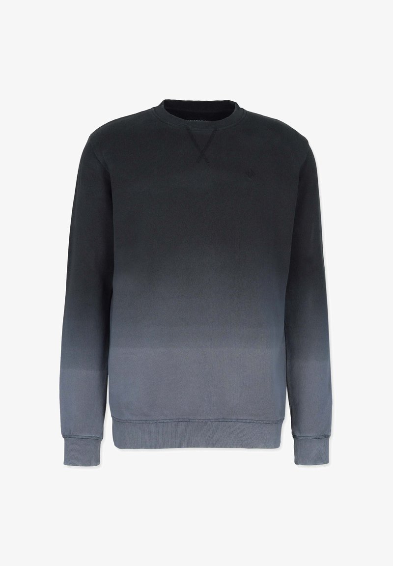 Cotton-blend sweatshirt featuring a gradient from dark gray to light gray, ribbed cuffs, and a crew neckline. Simple design with no patterns.