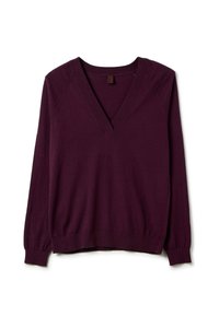 Dunkelvioletter Langarmpullover mit V-Ausschnitt, gerippten Bündchen und Saum, flach auf einem weißen Hintergrund präsentiert.