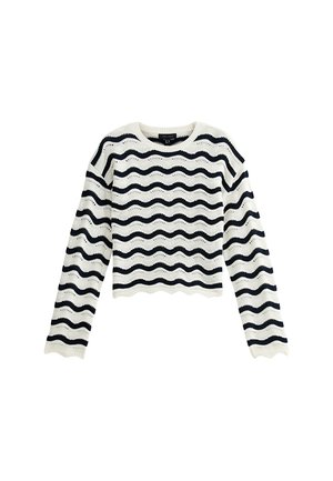 Pull en maille blanche avec des rayures ondulées bleu marine, à manches longues et ourlet à volants. Présente une texture en tissage ouvert et un col ras du cou.