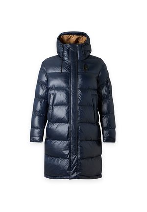 Long manteau d'hiver matelassé bleu marine avec capuche, fermeture éclair et pressions, deux poches avant, et une petite poche zippée sur la manche, doublure beige à l'intérieur de la capuche.
