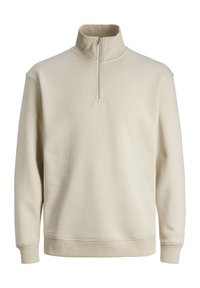 Pullover in pile color crema con colletto alto, zip frontale a metà, maniche lunghe e polsini e orlo a coste. Texture liscia e morbida.