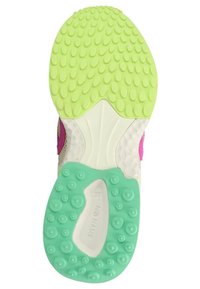 Die Sohle des Sportschuhs hat eine hellgrüne Gummibasis mit strukturierten Grip-Punkten, die sich von einem mintgrünen und weißen Abschnitt abhebt. Sichtbare Plastikelemente.