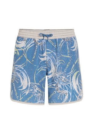 Sinise mustrite ja köiega ujumispüksid, millel on helesinised ja valged abstraktsed kujundid ning logo külgedel.