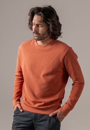 Rust-colored sweatshirt with ribbed texture, crew neck, and long sleeves. Features a relaxed fit and subtle stitching detailing.