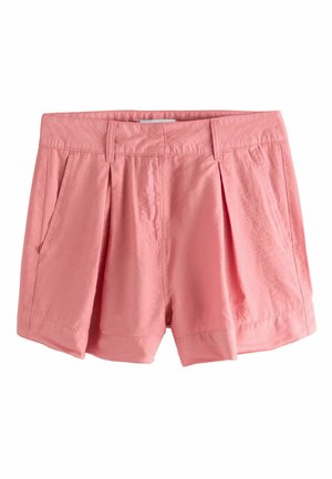 Pinke Damenshorts mit vorderen Falten, Seitentaschen, Gürtelschlaufen und einem umgeschlagenen Saum aus leichtem Stoff.