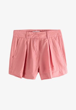 Roze dames shorts met plooien aan de voorkant, zijzakken, riemlussen en een omslagzoom van lichtgewicht stof.