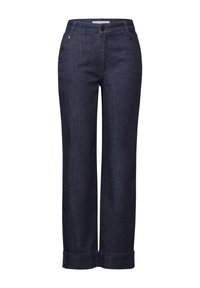 Pantalons en denim bleu foncé avec une coupe droite, comportant des poches avant, des boutons décoratifs sur le côté et des ourlets roulés.