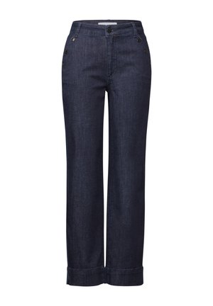 Dunkelblaue Jeans mit geradem Bein, ausgestattet mit Fronttaschen, dekorativen seitlichen Knöpfen und umgeschlagenen Säumen.