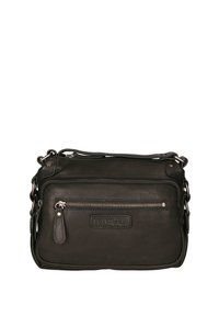 Borsa a tracolla in pelle nera con finitura testurizzata, tasca frontale con zip e tracolla a catena regolabile. Presenta un'etichetta con logo sul davanti.