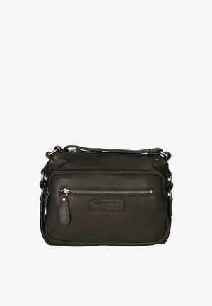 Borsa a tracolla in pelle nera con finitura testurizzata, tasca frontale con zip e tracolla a catena regolabile. Presenta un'etichetta con logo sul davanti.