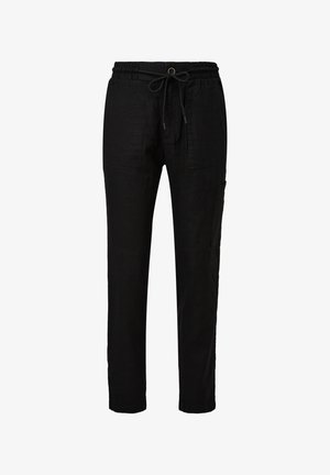 Czarne lniane spodnie z elastycznym paskiem w talii, wyposażone w boczne kieszenie oraz kieszeń cargo, zaprojektowane w luźnym kroju. Miękka, lekka tekstura.