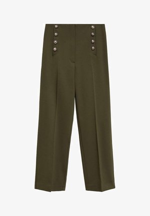 Pantaloni olive verdi a vita alta con tasche laterali e sei bottoni decorativi argentati sul davanti, caratterizzati da un design a gamba dritta e una consistenza liscia.