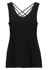 Haut noir sans manches avec un décolleté en V profond et des bretelles croisées dans le dos, fabriqué en tissu doux à la texture lisse.