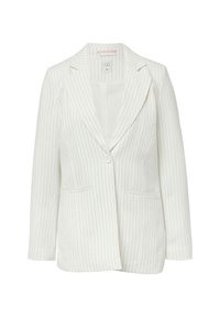 Blazer blanc à rayures, avec fermeture à un bouton, revers crantés et deux poches avant, présenté sur un fond uni.
