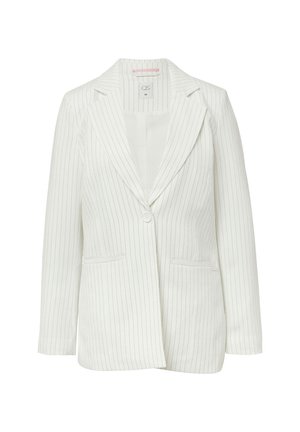 Witte blazer met fijne streep, met enkele knoopsluiting, notch-lapels en twee voorzakken, weergegeven op een effen achtergrond.