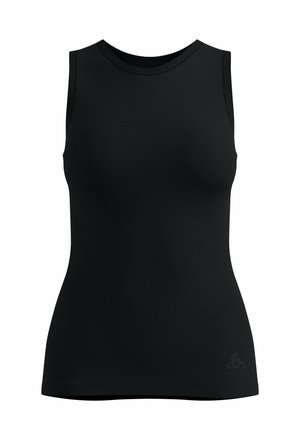 Sleeveless black athletic tank top with textured fabric on upper chest and smooth material below, featuring a small logo near the hem.