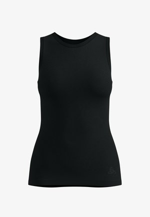 Débardeur sportif noir sans manches avec tissu texturé sur le haut de la poitrine et matière lisse en dessous, équipé d'un petit logo près de l'ourlet.