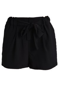 Mustat shortsit, joissa on pehmeä, kevyt kangas, joustava vyötärö ja solmittu nauhadekari edessä. Pleatattu muotoilu, rento istuvuus.