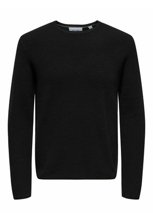 Pulover negru din tricot cu gât rotund, mâneci lungi și material texturat. Design simplu, fără logo-uri sau modele vizibile.