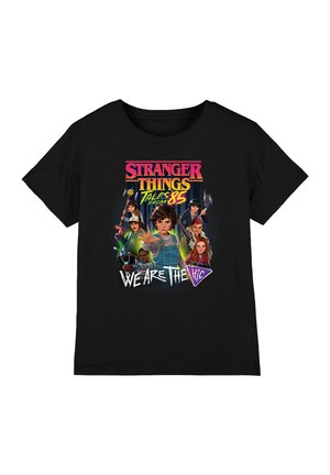 Black t-shirt with colorful Stranger Things: Tales from '85 graphic featuring seven kids holding weapons and text "We are the H.i.c."