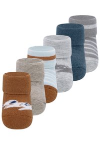 Cinque coppie di calzini per bambini di varie colorazioni: marrone, azzurro chiaro, grigio, blu scuro e a righe. Materiale in maglia morbida con orli arrotolati.