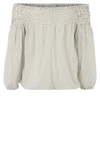 Schulterfreies Oberteil in hellem Creme mit vertikalen dunklen Streifen, ausgestattet mit einem gerafften Ausschnitt und puffärmel für einen lässigen Schnitt.