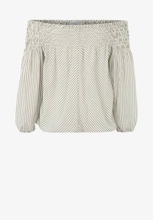 Off-shoulder blus i ljus krämfärg med vertikala mörka ränder, med en smockad halsringning och puffärmar för en avslappnad passform.