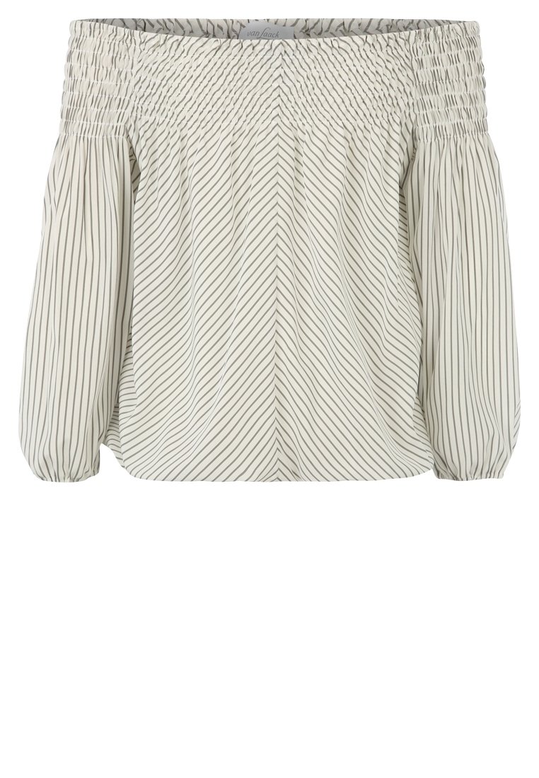 Schulterfreies Oberteil in hellem Creme mit vertikalen dunklen Streifen, ausgestattet mit einem gerafften Ausschnitt und puffärmel für einen lässigen Schnitt.