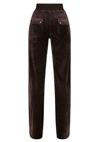 Bruine corduroy broek met een gladde textuur, hoge elastische tailleband, twee achterkantzakken met knoopsluitingen en een recht ontwerp.
