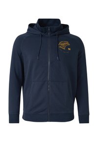 Donkerblauwe hoodie met rits, gemaakt van een zachte katoenmix; heeft geribbelde manchetten, twee zakken aan de voorkant en een logo-opdruk op de borst.