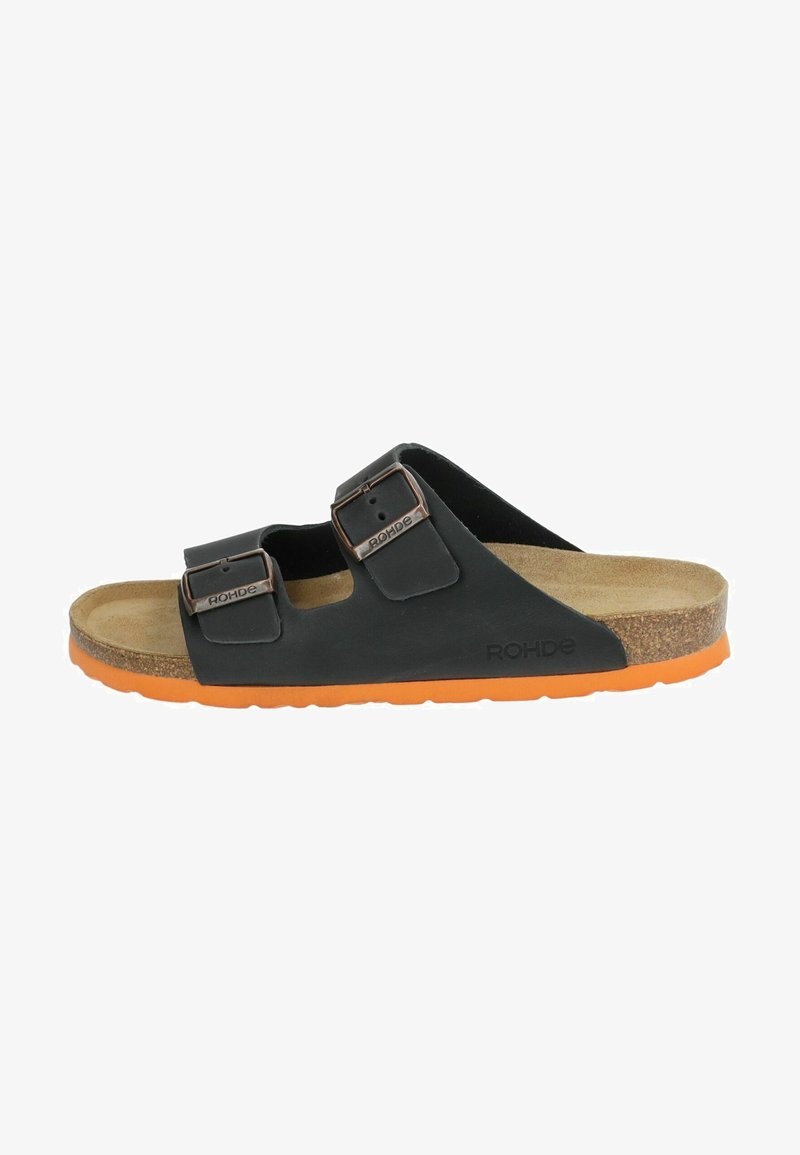 Sandal nera con due cinturini regolabili e fibbie tono rame. Suola in sughero e parte superiore nera testurizzata, con suola in gomma arancione.