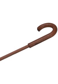 Bruine houten wandelstok met een gladde, gebogen handgreep en een rechte steel. Heeft een strak ontwerp en een natuurlijke houtnerf.