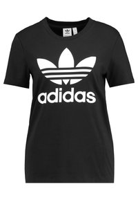 Black cotton t-shirt featuring a large white Adidas trefoil logo and brand name across the front. Short sleeves and a round neckline.