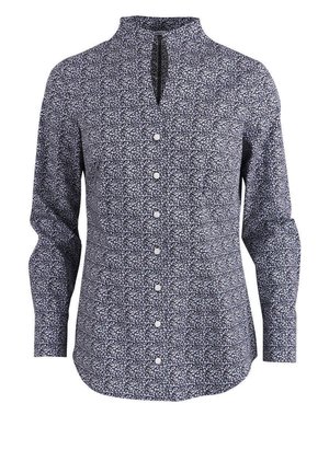 Mørkeblå bluse med knapper og blomsterprint, har en nøglehulsudskæring og lange ærmer, lavet af letvægtsstof.