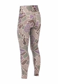 High-waisted leggings with a multicolored abstract pattern in shades of green, purple, and beige; made from stretchy, smooth material.