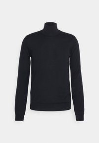 Czarny sweter typu golf wykonanego z gładkiego dzianinowego materiału, z długimi rękawami i dopasowanym fasonem, z prążkowanymi mankietami i dołem.