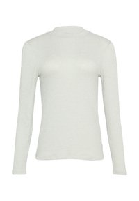Helles graues, geripptes Langarmshirt mit hohem Kragen, das ein figurnahes Design und eine Textur aufweist, die subtile visuelle Akzente setzt.