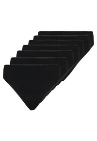 Pack of seven black cotton briefs with a low-rise design, soft texture, and contrasting stitching along the edges.