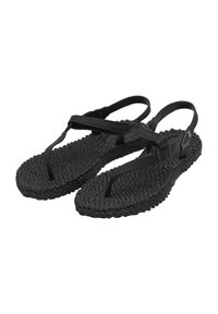 Black thong sandals with textured woven soles and adjustable straps. Lightweight design suitable for casual wear.