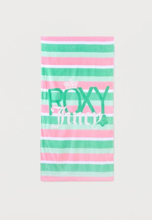 Rätik horisontaalsete roosa, valge ja rohelise triipudega, millel on suur roheline "ROXY" ja valge "Juicy" tekst krooni ja ristiku kujundusega.