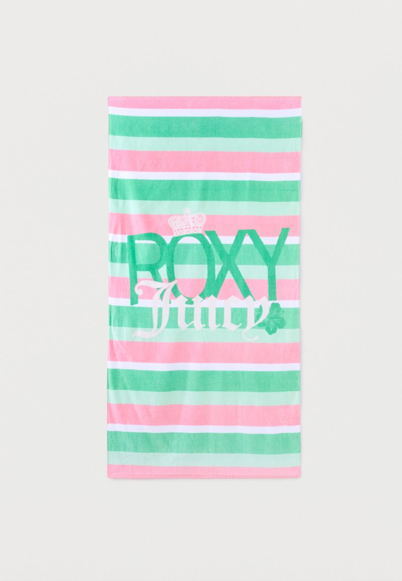 Serviette avec des rayures horizontales roses, blanches et vertes, avec un grand texte vert « ROXY » et un texte blanc « Juicy » avec un motif couronne et trèfle.