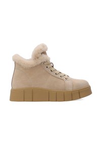 Beige Wildleder-Ankle Boots mit einem Kunstfellkragen, runder Spitze und dicker Gummiplattformsohle mit strukturiertem Muster.