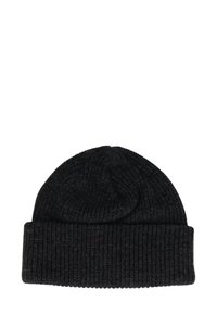 Black ribbed knit beanie hat with a folded cuff, featuring a textured pattern and a soft appearance. Designed for warmth and comfort.