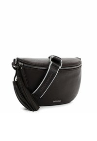 Borsa a tracolla in pelle nera con finitura testurizzata, dotata di chiusura con zip, spallaccio removibile e un discreto dettaglio con logo.